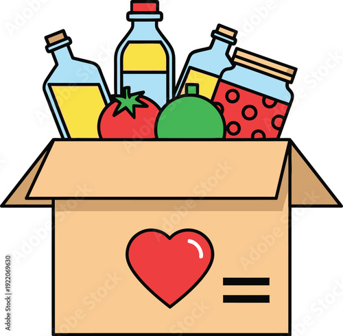 A cardboard donation box overflowing with various food items including bottles of oil, jars of preserves, and fresh produce.