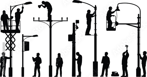 Street light maintenance workers silhouettes installing and repairing lamp posts, electrician technician service vector illustration isolated on white background