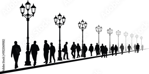 Urban street crowd silhouette perspective, people walking along promenade with vintage lamp posts black vector illustration isolated on white background