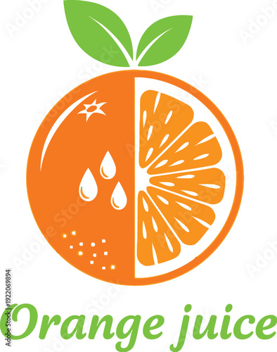 Orange juice logo features a stylized citrus fruit split in half showing pulp and drops for beverage branding.