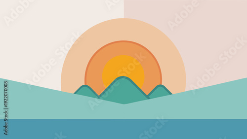 Clean vector landscape featuring sun and mountains with soft pastel gradient. Ideal for wall decor, branding visuals, and minimalist interior styling.