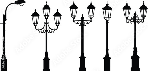 Vintage and modern street lamp silhouettes set, decorative ornamental lantern posts isolated on white background, urban outdoor lighting vector illustration collection