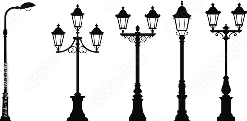Vintage and modern street lamp silhouettes set, ornamental lantern posts isolated on white background, urban outdoor lighting vector illustration collection