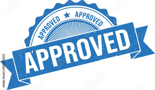 Textured blue grunge banner proclaims the official word APPROVED across a stylized award seal background with radiating lines.