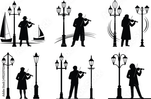 Violinist street musician silhouettes set, vintage lamp posts and sailing boat elements isolated on white background classical urban music vector illustration