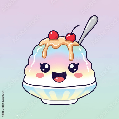 Kawaii Ice Cream Sundae with Cherries Spoon.