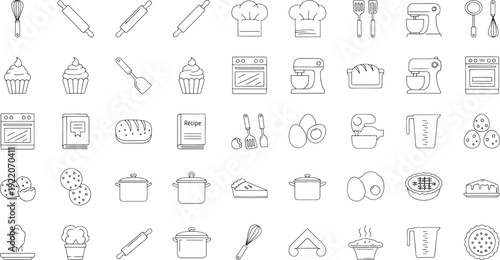 Collection of black and white line for baking and cooking kitchen food 1 line whisk