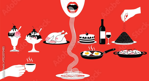 Human mouth ingesting various prepared foods and beverages illustrates the concept of extreme consumption or diet.