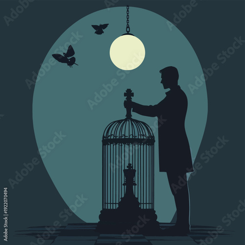 A silhouette is trying to release a king chess piece from the cage. , vector style simple color