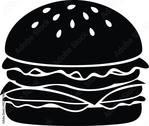 Large hamburger silhouette in solid black against a white background emphasizes fast food indulgence and savory meal preparation.