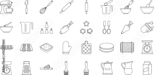 Collection of black line baking and kitchen utensils and equipment mixer