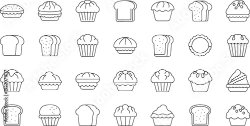 Collection of black line of baked goods and bread slices toast loaf muffin