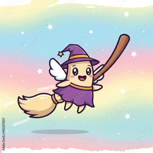 Obraz na płótnie Cartoon Witch Flying on Broomstick Character.