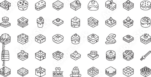 Collection of isometric line depicting various sweet desserts and pastries line isometric black and white
