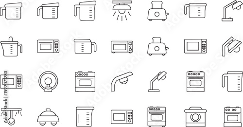 Collection of kitchen appliances and measuring cups line beaker kitchenware toaster