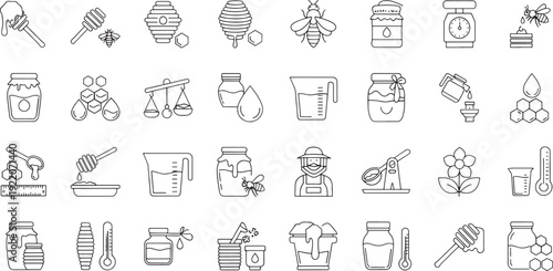 Collection of line depicting beekeeping and honey production honeycomb apiary