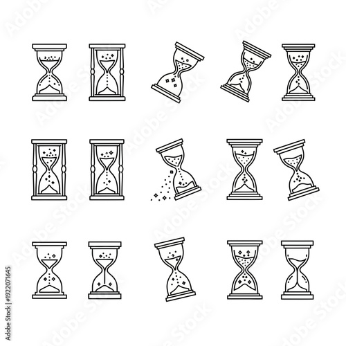 Collection of hourglass line art icons representing time measurement and passage, in various states and angles.