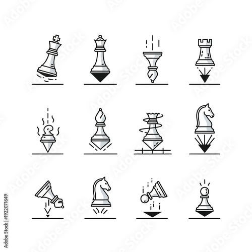 Dynamic Chess Pieces Icon Set in Line Art Style with Movement and Action