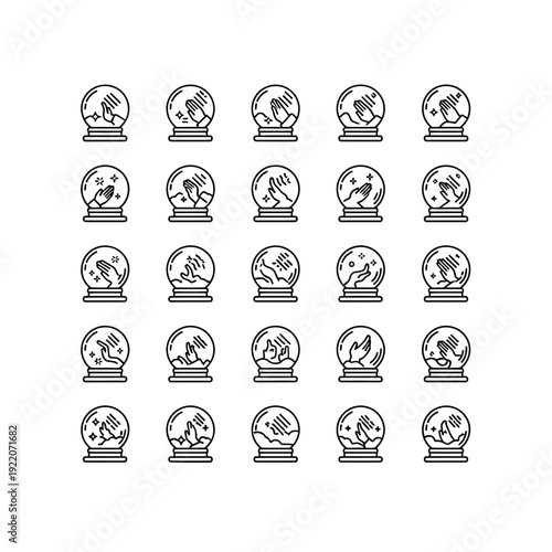 Set of Magical Fortune Teller Crystal Ball Icons with Hands and Sparkling Elements