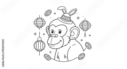 Monkey with New Year Lanterns and Party Hat