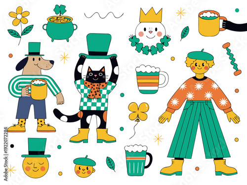 Cute St Patricks Day Characters with Shamrock and Beer Illustration