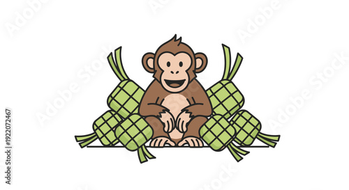 Baby monkey sitting with woven ketupat decorations