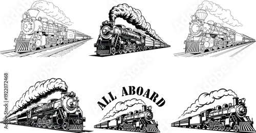 Vintage steam train silhouette illustrations with all aboard text
