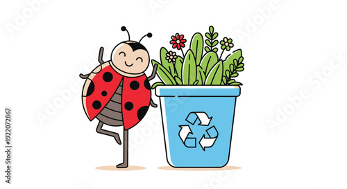 Ladybug and recycling bin with plants in container
