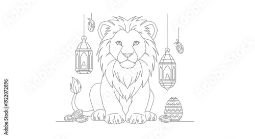 Lion Cub with Easter Lanterns and Egg Decor in Festive Scene