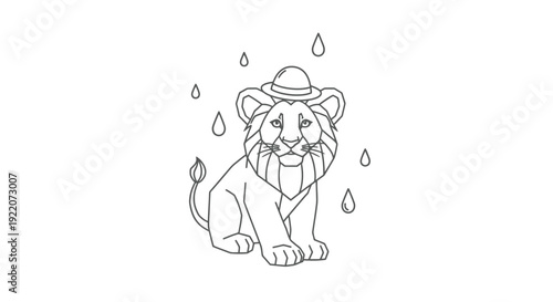 Young Lion Cub with Hat Under Rain Drops