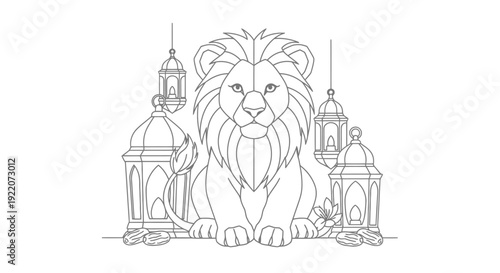 Lion statue with ornate lanterns and lanterns background