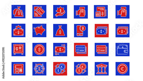 Professional financial services icon collection arranged in square frames with red and blue color scheme. Features banking, investment, loans, security, online payment, and economic concepts.