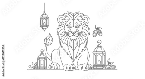 Lion statue framed by lanterns and floral accents