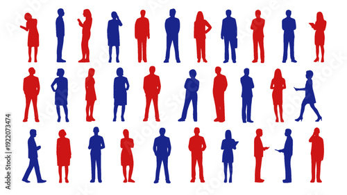 Corporate workforce silhouette set in red and blue variations. Includes business men and women in formal attire standing, walking, and interacting.