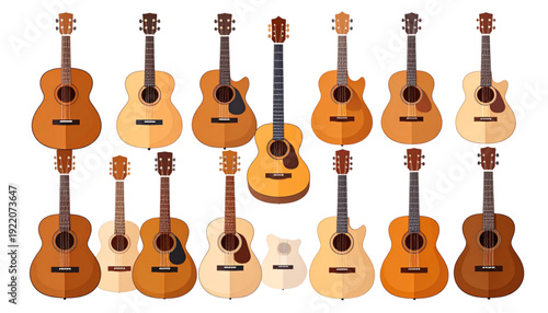 A collection of twelve diverse acoustic guitars displayed in a row. isolated on transparent background