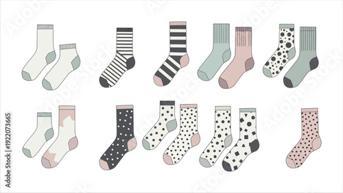 Flat Design Socks Illustration Set, Modern Minimalist Clothing Vector with Various Patterns and Styles, Clean Fashion Apparel Icons Isolated on White Background for Commercial Use