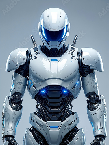 This artwork features a futuristic humanoid robot with sleek armor and glowing blue accents, emblematic of cutting-edge technology in robotics. Generative AI.