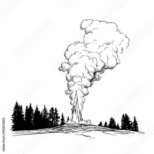 Volcanic Eruption with Smoke and Trees on Hill