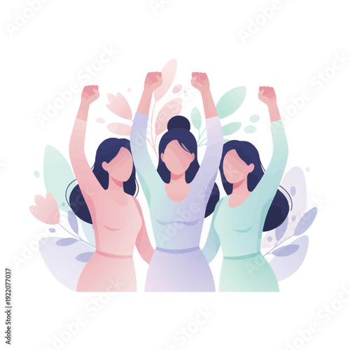 Three Women Celebrating Together with Raised Arms.