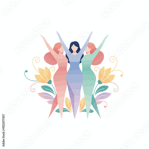 Three Women Standing Together with Arms Raised.