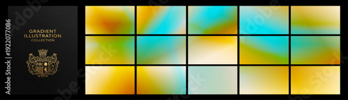 Elegant collection of smooth aqua and golden gradient panels on a dark luxury layout, perfect for premium branding, web design, social media headers, and modern packaging.