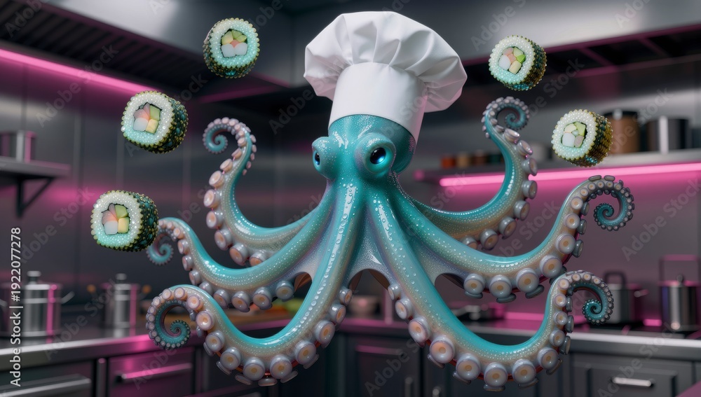 Obraz premium A whimsical cartoon octopus wearing a chef hat surrounded by floating sushi rolls in a kitchen setting