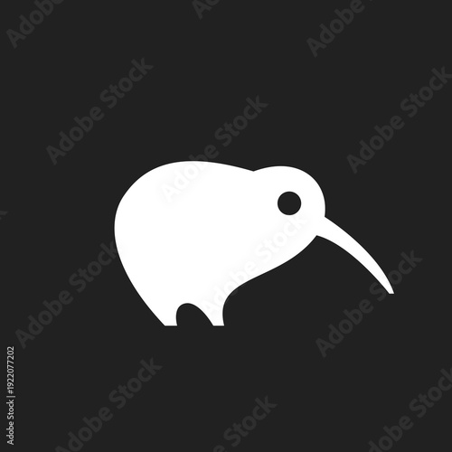 Minimalist White Kiwi Bird Silhouette Icon on Black Background