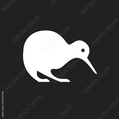White Kiwi Bird Silhouette on Black Background - Minimalist Vector Icon
