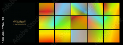 Striking assortment of rainbow gradients arranged in a sleek black grid, offering versatile, eye-catching backdrops for posters, events, digital campaigns, and branding projects.