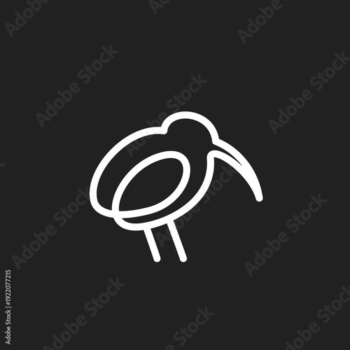 Minimalist White Line Art Illustration of a Kiwi Bird on a Black Background, Simple Stylized Vector Graphic