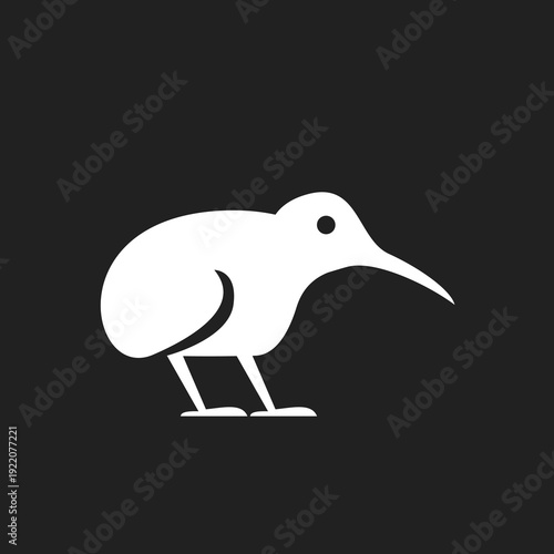 Kiwi bird white silhouette icon, a minimalist vector illustration of New Zealand's flightless national bird on a dark background.