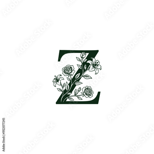 Elegant letter Z alphabet monogram with vintage floral ornaments, roses and lily flowers in hand-drawn engraving style.