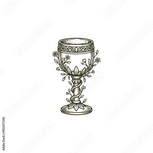 Vintage ornate chalice illustration with decorative floral vines and blooming flowers in hand-drawn engraving style.