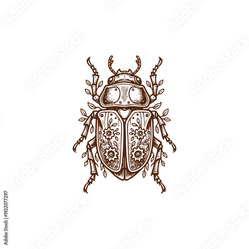 Vintage steampunk beetle illustration with mechanical gears and floral ornaments in hand-drawn engraving style.